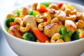 A vibrant bowl of stir-fried chicken and vegetables topped with cashews, showcasing a healthy meal option.