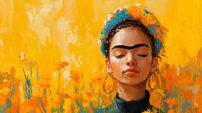 A woman with closed eyes and a unibrow stands against a bright yellow background, lost in thought.