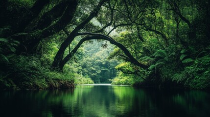 Obraz premium Tranquil Green Forest Reflection by Serene Water