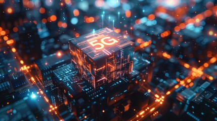 A 3D rendering of a glowing cube with 5G written on it, sitting on a circuit board with lights and sparks.