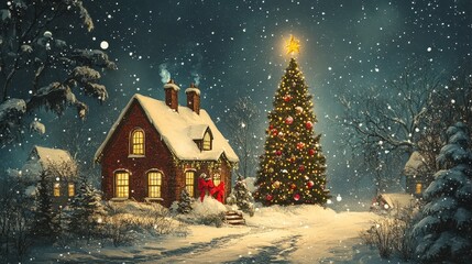 Fototapeta premium Cozy Snow-Covered Cottage with Christmas Tree and Falling Snowflakes Under a Starry Night Sky, Perfect for Holiday and Winter-Themed Designs