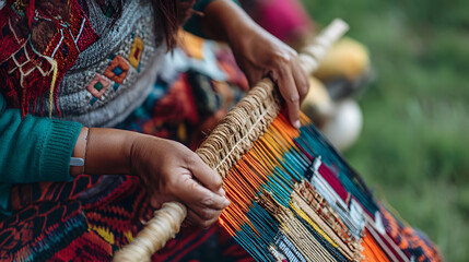 Hands of a skilled artisan weaving vibrant textiles, showcasing cultural craftsmanship and creativity
