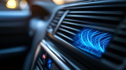 Close-up of a car's air vent with a blue light glowing through the slats, representing cool air.