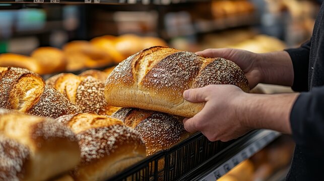 A shopper grabbing fresh, crusty bread from a modern supermarket bakery section, bread stacked neatly, with shelves of gourmet items in the background
