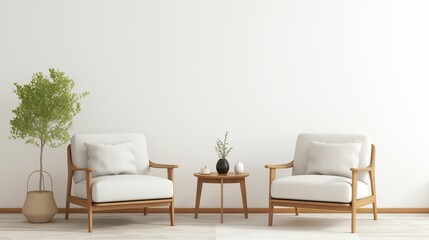 A white wall with two chairs and a plant, furniture. Generative ai