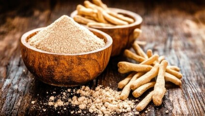 Organic ashwagandha powder in a wooden bowl with fresh roots and green leaves on a rustic wooden background. Also known as Indian Ginseng or Indian Winter cherry. 