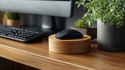 A stylish eco-friendly bagasse box beside a modern black computer mouse, placed on a vibrant wooden table, contrasting materials and textures, high quality detail
