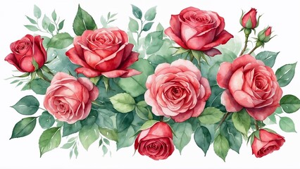 Watercolor roses bouquet with greenery for decoration and design, floral arrangement