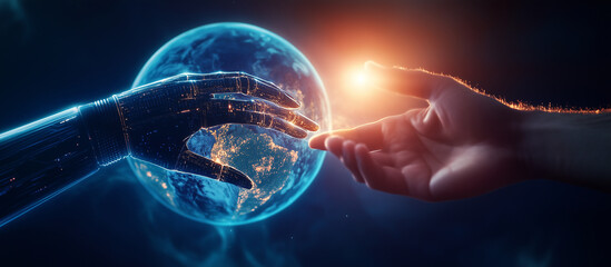 Human and AI Connection in Global Digital Technology and Science A concept of the fusion between human intelligence and AI as a robot's mechanical hand reaches out to a human's han