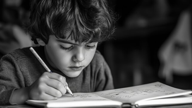 A boy sketching in a notebook