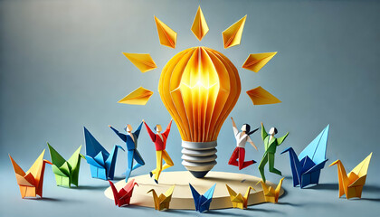 Creative Teamwork and Innovation Concept in Origami Style &ndash; Business Professionals Collaborating Around Lightbulb, Symbolizing Ideas, Growth, and Success, with Paper Plants and Hanging Lamps in Profes