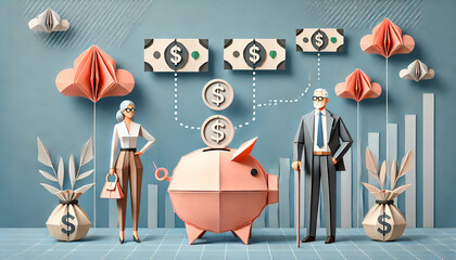 Origami Style Financial Growth Concept with Piggy Bank, Business Professionals, Dollar Bills, Currency Symbols, and Upward Arrows Illustrating Investment and Savings Strategies