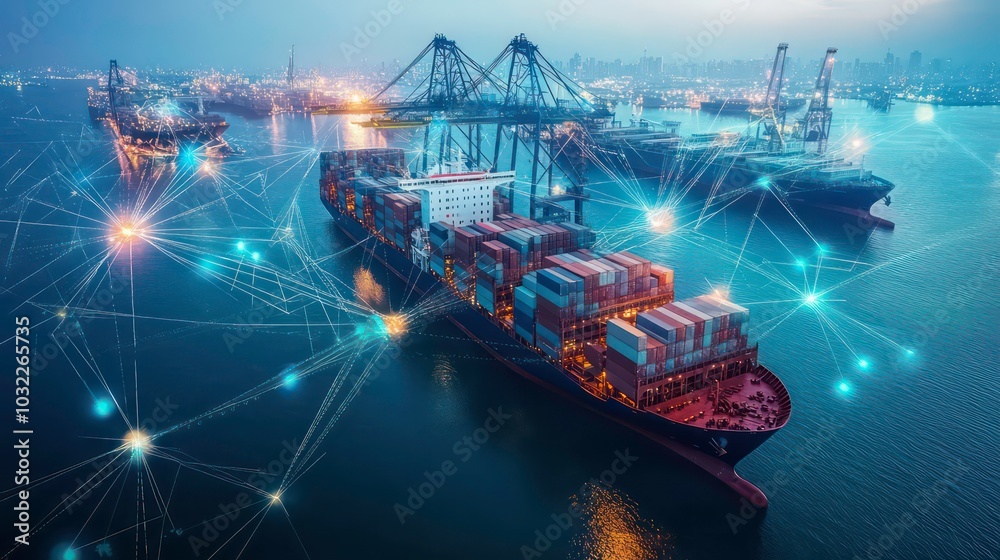 Wall mural aerial view of cargo ships at a busy port with a network of glowing lines connecting them, represent