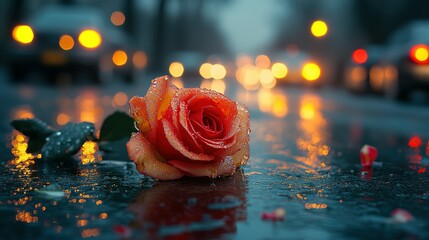 A Single Rose Lying on Wet Pavement with Bokeh Lights in the Background