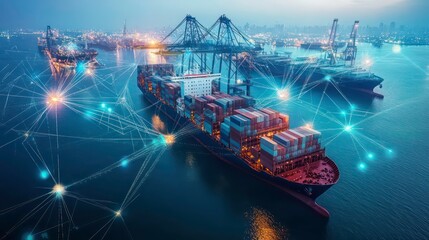 Aerial view of cargo ships at a busy port with a network of glowing lines connecting them, representing global trade and shipping.