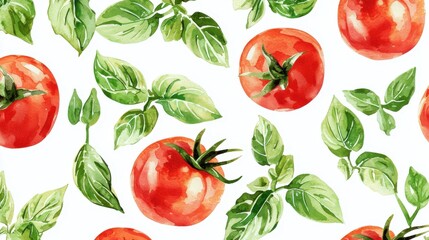 A vibrant watercolor pattern featuring fresh tomatoes and basil leaves, perfect for culinary and gardening themes.