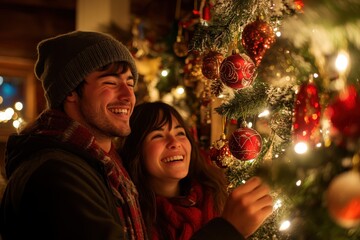 Happy couple decorating a Christmas tree, joyful holiday spirit, warm indoor setting.
