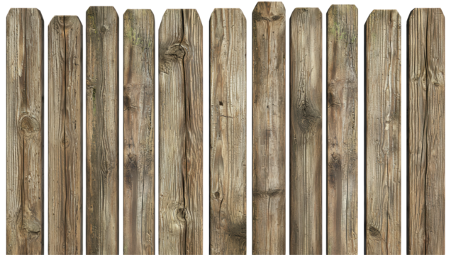 A row of wooden fence posts exhibiting natural textures and a rustic appearance against a transparent background.