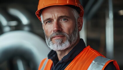 A confident site manager in safety gear poses for a portrait. This image captures the dedication and professionalism required in the construction industry.