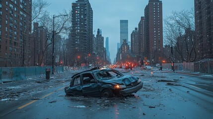 Obraz premium Aftermath of a major car crash, vehicle overturned on a deserted city street, headlights still flickering, with distant skyscrapers towering over