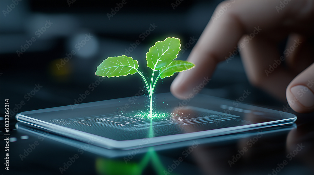 Poster close up view of hand interacting with digital screen displaying holographic plant, symbolizing inno