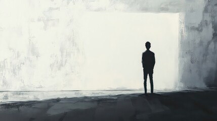 Fototapeta premium A lone figure stands in an abstract, surreal landscape, looking towards a bright light. The scene evokes feelings of hope, uncertainty, and possibility.