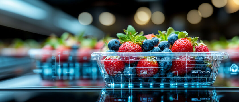 Fresh strawberries and blueberries in transparent container, showcasing digital nutritional analysis overlay. This highlights fusion of technology and healthy eating