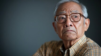 Obraz premium Portrait of an elderly Asian man wearing glasses with a deeply confused expression, set against a soft gray background with gentle lighting.