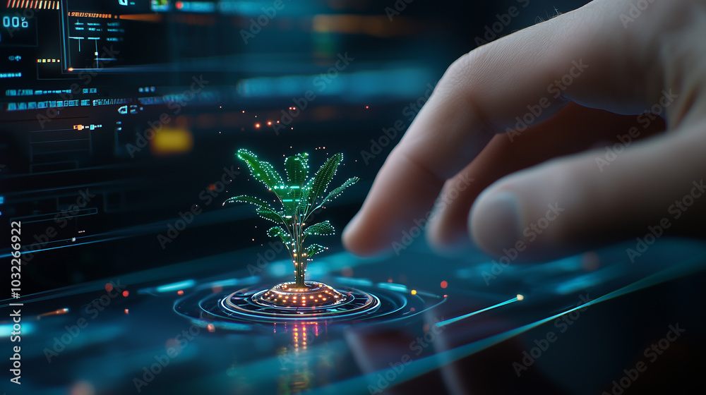 Poster close up of hand interacting with digital representation of plant, symbolizing fusion of technology 