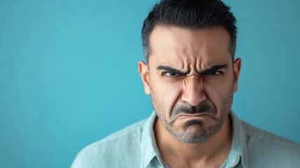 Close-up portrait of an angry man with a deeply furrowed brow and intense expression, glaring directly at the camera, set against a blue background.