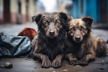 Abandoned stray dogs waiting on the street. Sad hungry puppy under the rain in wet outdoors. Concept of pet adoption, shelter, rescue, and help for pets. AI generated