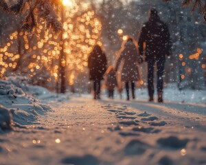 Silhouettes of people walking in the snow at sunset, with winter lights twinkling.