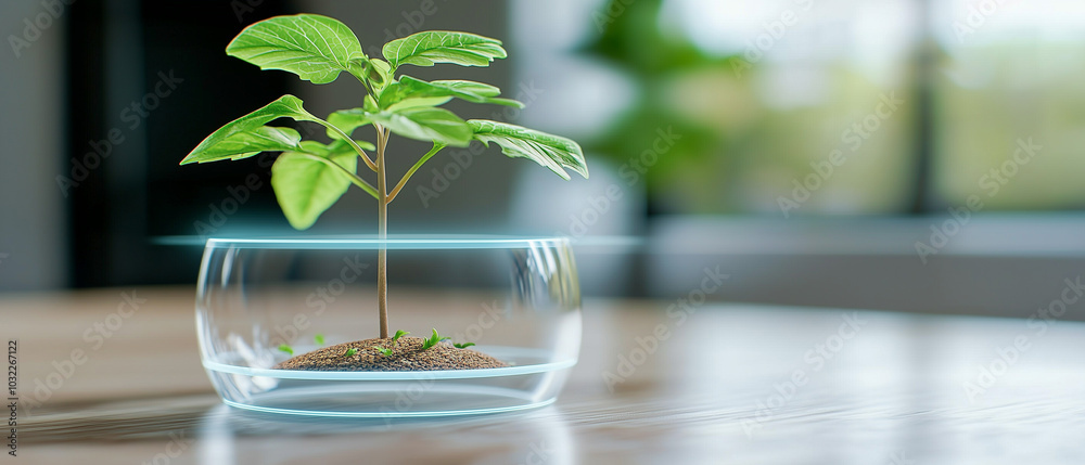 Poster close up view of small plant growing in transparent container, showcasing its vibrant green leaves a