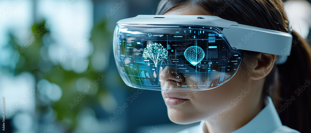 Poster woman wearing augmented reality glasses is immersed in digital environment, showcasing virtual trees