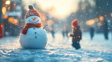 Snowman with a scarf in winter, children playing in snowy landscape.