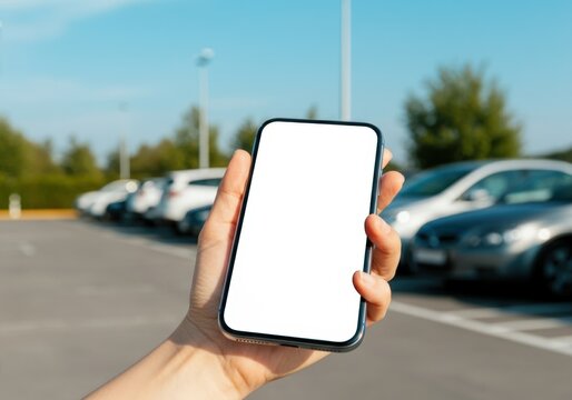 Woman is holding smartphone with white screen in parking lot on sunny day