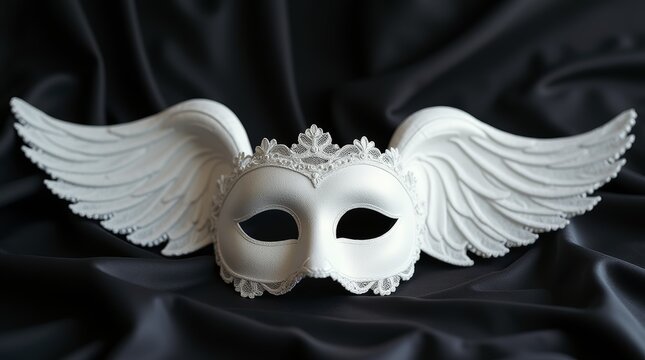 White masquerade mask with angel wings on black fabric.