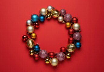 Obraz premium Christmas baubles of different colors forming a circle on a red background, leaving an empty space in the center