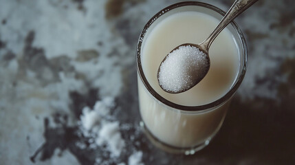 Milk in a glass and sugar in a spoon clean and minim