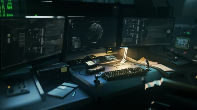 Futuristic spying system used in intelligence agency control room. Futuristic spy control software searches for the hacker ip on a digital map. Futuristic spy control tech locates the target. UI