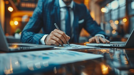 A businessman in a suit is working on his laptop and writing on a document with a pen at a desk with two laptops and papers with graphs.