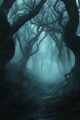 Dark forest with fog. Halloween theme background.