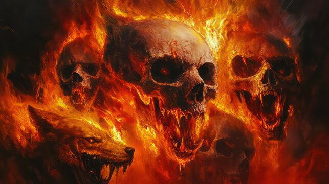 A fiery inferno with multiple skulls and wolf heads burning within the flames.