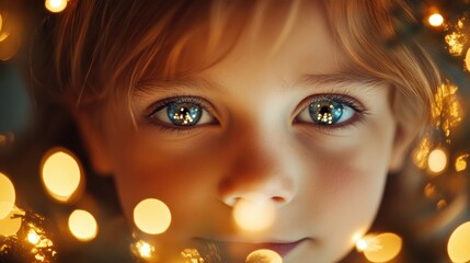 Young child surrounded by glowing lights, looking curiously at the camera.
