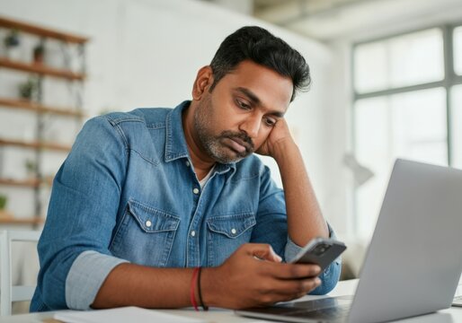 Unmotivated employee quiet quitting while sitting at desk and looking at smartphone