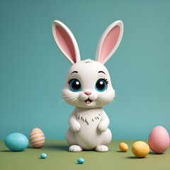 Fototapeta premium Cute Easter bunny with colorful eggs, cheerful expression, pastel colors, festive decoration