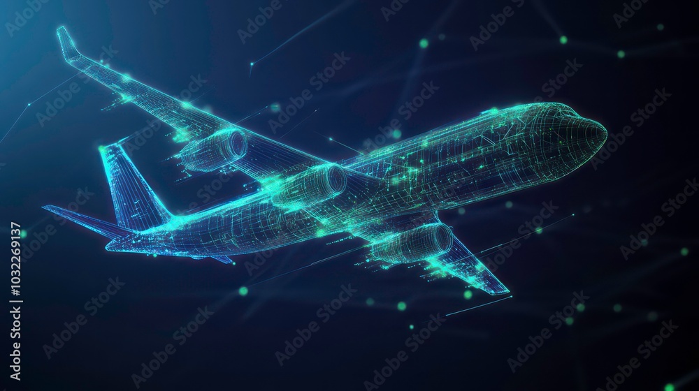 Wall mural a digital rendering of an airplane in flight with glowing lines and points of light against a dark b