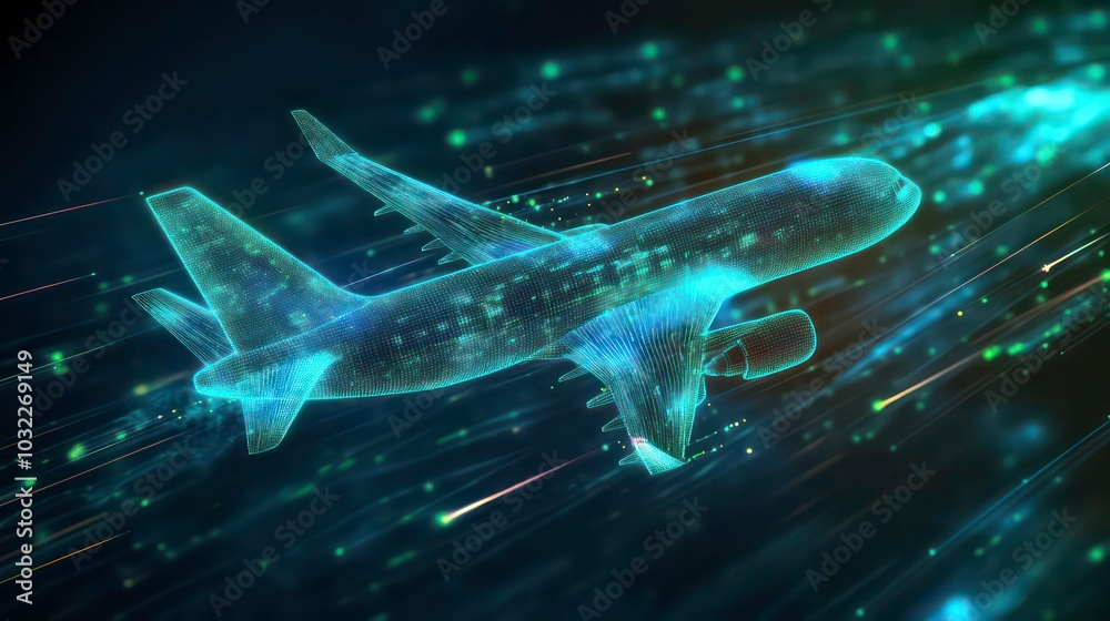 Wall mural a digital rendering of an airplane flying through a field of data.