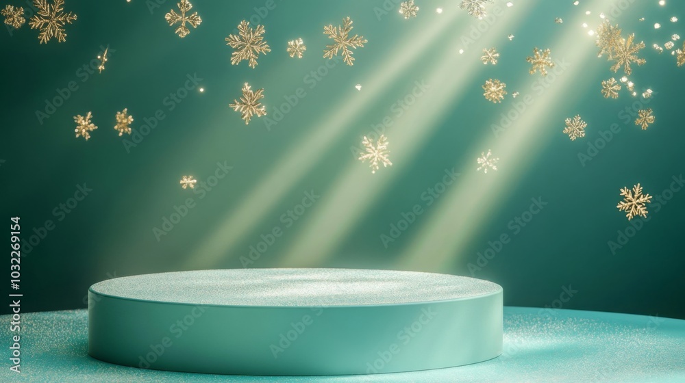 Fototapete A teal platform with a white, frosted surface is shown in the foreground. Golden snowflakes float down from the sky with beams of light shining down onto the platform.