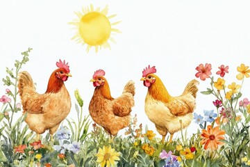 Fototapeta premium Watercolor painting of three hens standing in a field of flowers with the sun shining brightly